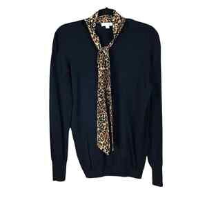 14th & Union Womens Medium Black Sweater Leopard Print Tie Neck Career Pullover